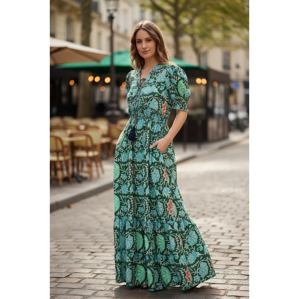 Lukap Paris Floral Cotton Maxi Dress‎ Green Blue Smocked Puff Sleeve S/M Boho